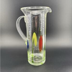 Vintage Hand Blown Art Glass Pitcher Floral Design Multicolor Studio Glass MCM